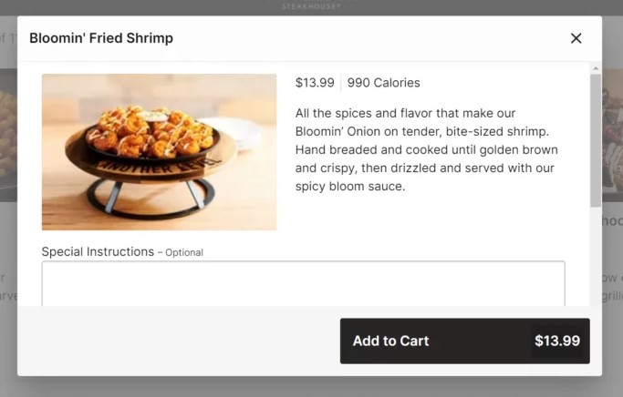 Outback Steakhouse Add To Cart